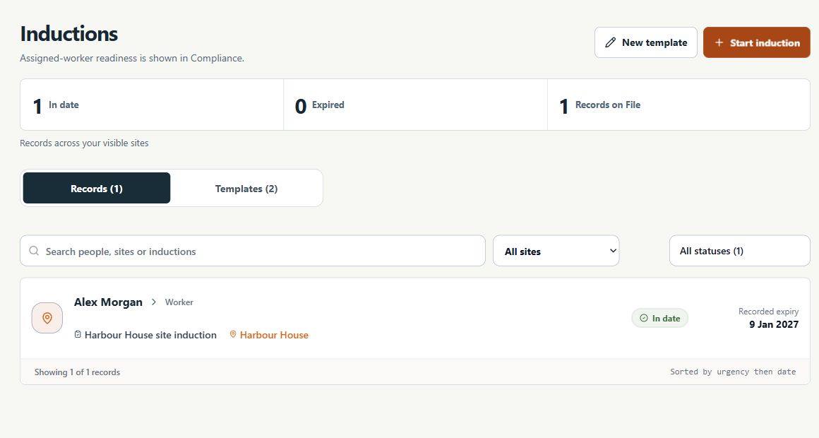 SafeSite induction register showing fictional worker Alex Morgan’s current Harbour House completion and recorded expiry.
