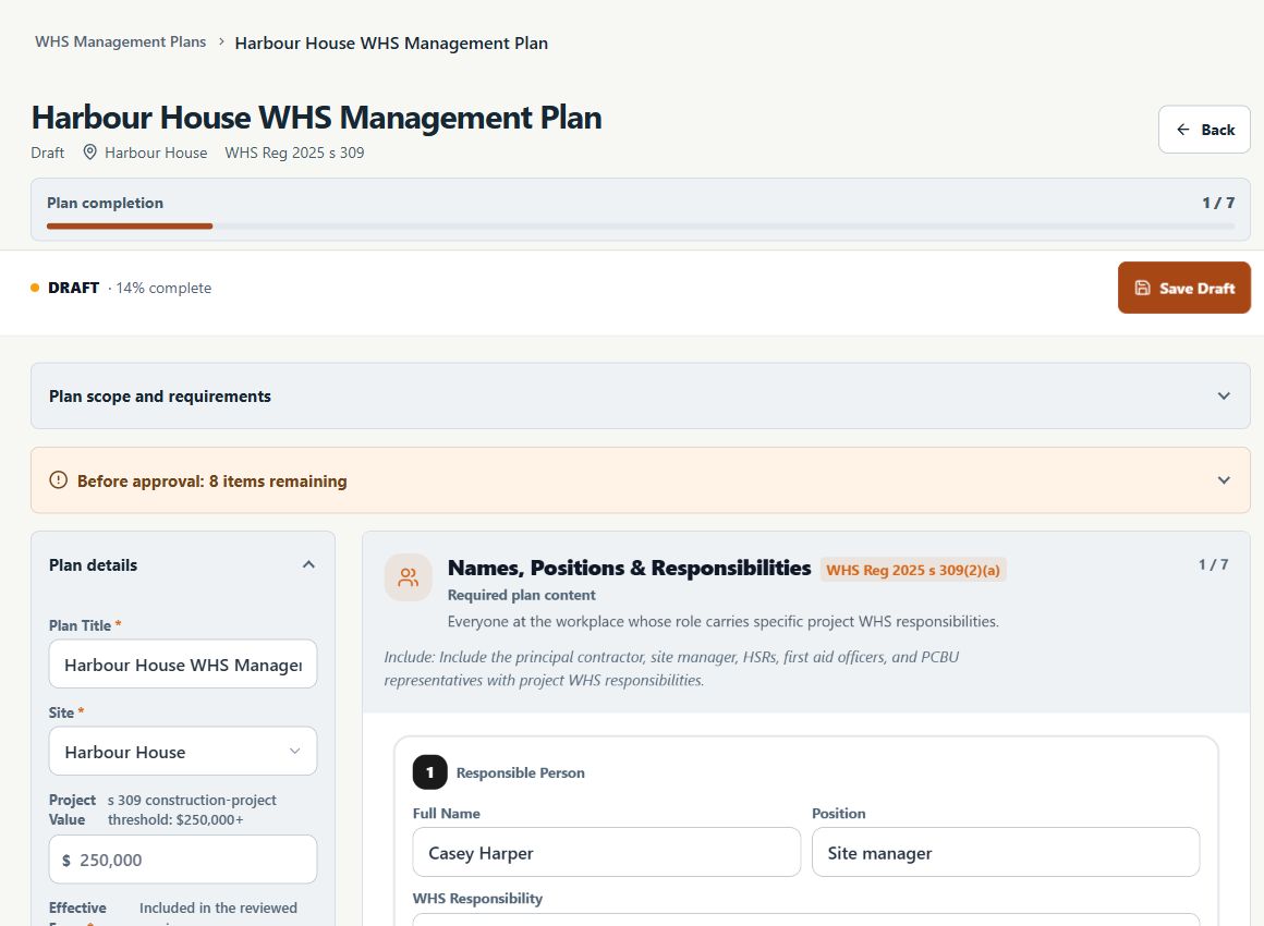 The SafeSite WHS draft builder for fictional Harbour House, with one section started and approval items remaining.